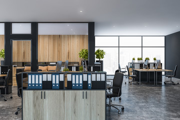 Gray and wooden open space office interior