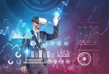 Poster - Businessman in vr glasses working with infographics