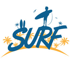 Wall Mural - surf lettering with  surfer on palm tree background. vector illustration