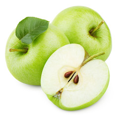 Ripe green apple fruits with apple half and green leaf isolated on white background. Apples with clipping path