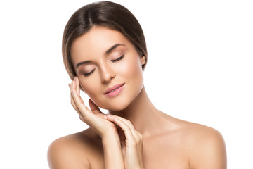 Poster - Portrait of young beautiful woman on white background