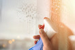 hand of woman holding spray for washing window at home