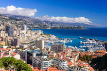 Cityscape And Harbor Of Monte Carlo. Aerial View Of Monaco On A Sunny Day, Monte Carlo, Principality Of Monaco
