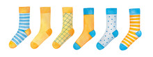 Big Illustration Set Of Various Colourful Pairs Of Socks. Yellow, Orange, Teal, Light Blue Color. Hand Drawn Watercolour Graphic Drawing On White Background, Cut Out Clip Art Objects For Decoration.