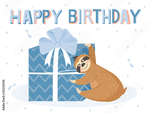 Cute happy birthday card with sloth. Happy lazy sloth with gift. Vector