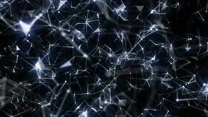 Poster - The camera floats between the web of beautiful links.4K rendered computer generated video abstract moving background. Triangles, dots and lines are connecting with shine on blur background. Slow