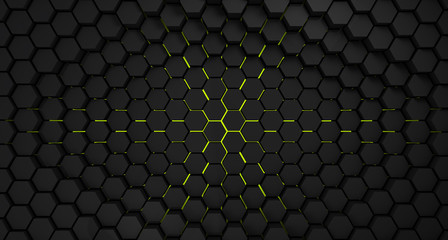 black and yellow abstract futuristic hexagons background,3d render