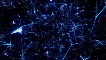 Poster - The magic neural network flies in space.Abstract 3d rendering of chaotic particles. Computer generated flying polygonal forms in empty space. Futuristic motion background design . 4k UHD Seamless loop