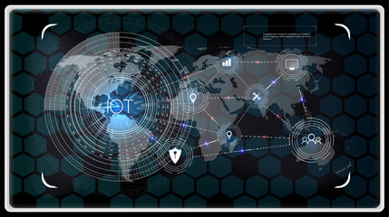 Poster - Internet of things (IOT), devices and connectivity concepts on a network, cloud at center. digital circuit board above the planet Earth.
