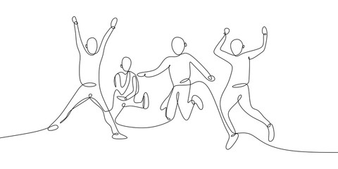 continuous one line drawing of four jumping happy team members celebration vector illustration