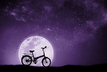 Full Moon Night With The Shadow Of A Bicycle And Birds That Fly Back To The Nest. Mixed Media. Proton Purple.
