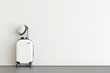 White suitcase with hat and sunglasses  in airport departure lounge. Travel concept. 3d rendering