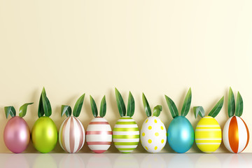 Wall Mural - Colorful Easter eggs with rabbit ears made of green leaves on yellow bright background. Creative design. 3d rendering