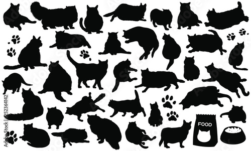 Set Vector Silhouettes Of The Fat Cats And The Paw Prints And Cat Foods Isolated On White Background 太った猫のベクターイラストセット Stock Vector Adobe Stock