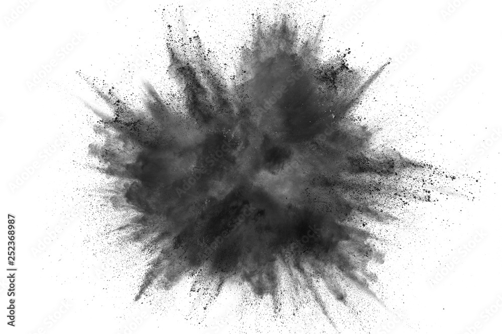 Black powder explosion against white background. Charcoal dust particles exhale in the air. - obrazy, fototapety, plakaty 