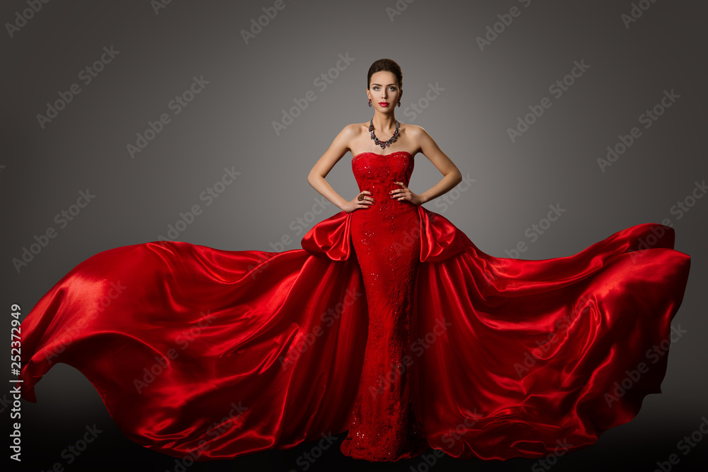 Fashion Model Red Dress, Woman in Long Fluttering Waving Gown, Young Girl Beauty Portrait - obrazy, fototapety, plakaty 