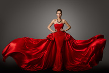 Fashion Model Red Dress, Woman In Long Fluttering Waving Gown, Young Girl Beauty Portrait