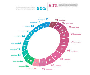 Set of business cycle flow diagrams, pie chart for documents,reports,presentations,infographic,0 5 10 15 20 25 30 35 40 45 50 55 60 65 70 75 80 85 90 95 100 percent clock style. Vector illustration.