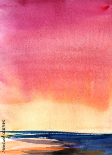 Abstract Watercolor Landscape Evening Sky At Sunset Rich Gradient From Dark Purple To Pink To Orange