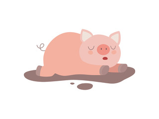 Sticker - Cute Funny Pig Lying in Dirty Puddle Vector Illustration