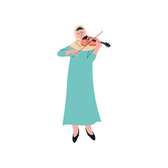 Sticker - Muslim Woman in Hijab Playing Violin, Female Arab Musician Character in Traditional Clothing Vector Illustration