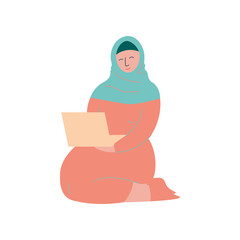 Sticker - Muslim Woman in Hijab Working with Laptop Computer, Modern Arab Girl Character in Traditional Clothing Vector Illustration