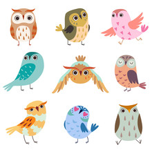 Collection Of Cute Owlets, Colorful Adorable Owl Birds Vector Illustration On White Background
