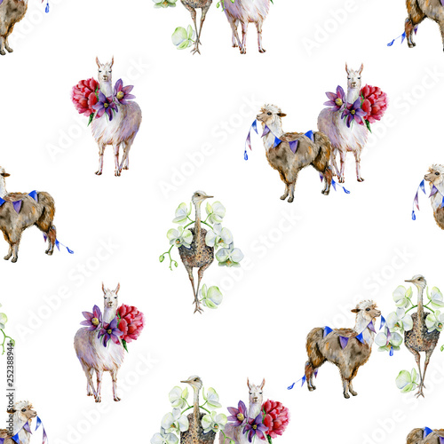 Watercolor seamless tropical pattern of alpaca with peonies, ostrich with orc...