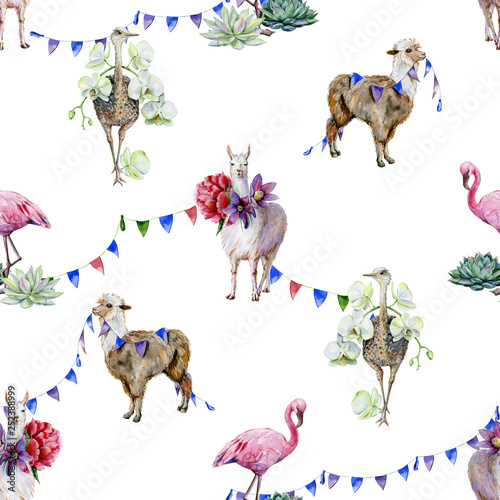 Watercolor seamless tropical pattern of alpaca with peonies, ostrich with orc...