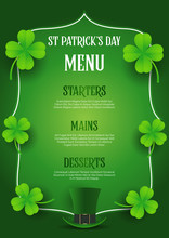 St Patrick's Day Menu Design With Top Hat And Clover