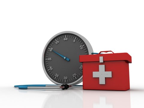 3d illustration stopwatch with first aid box