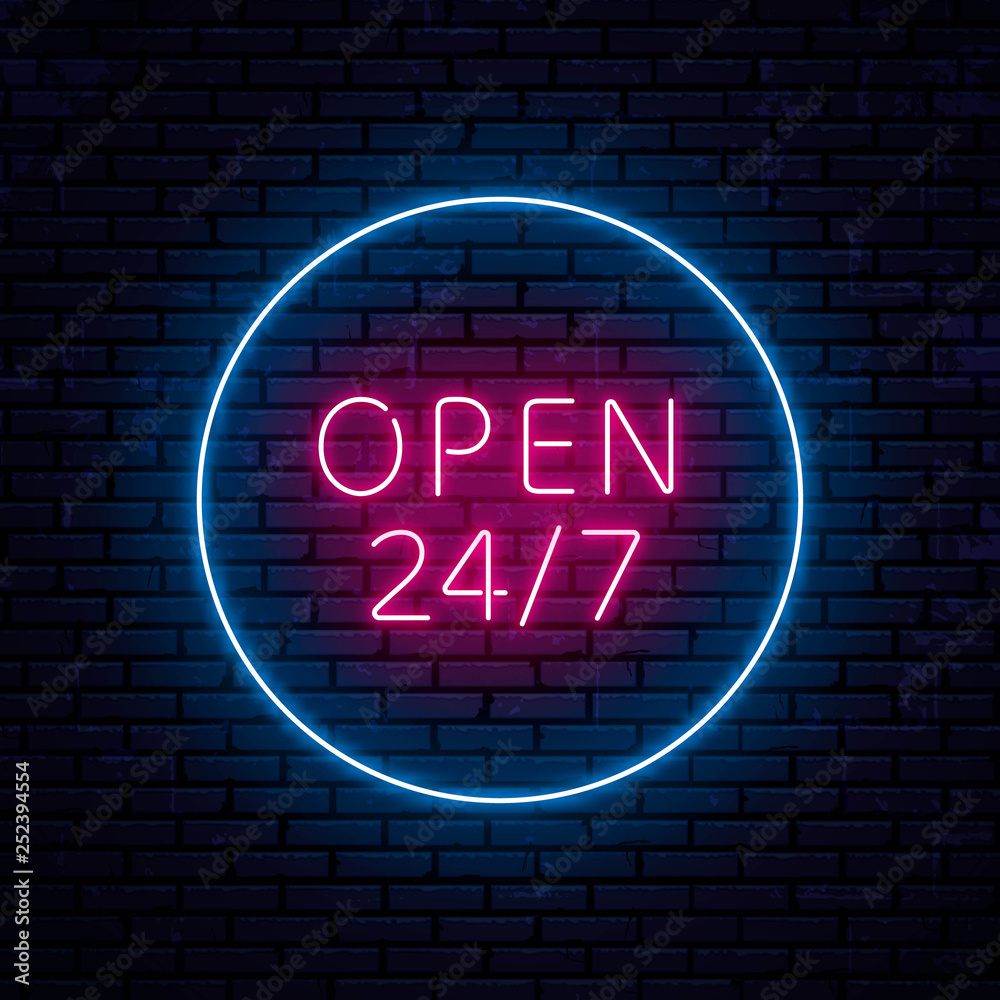 Beautiful neon inscription open 24 hours 7 days a week. Located in the center of the circle. Ready sketch for neon sign. Vector Illustration - obrazy, fototapety, plakaty 