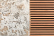 Wooden slats with concrete texture. Horizontal plank line arrange pattern texture background. Space for text. Natural wood lath line