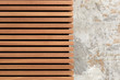 Wooden slats with concrete texture. Horizontal plank line arrange pattern texture background. Space for text. Natural wood lath line