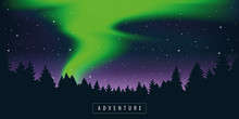 Green Polar Lights In Starry Sky In The Forest Vector Illustration EPS10