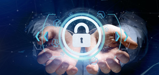 Poster - Man holding a padlock web security concept 3d rendering
