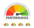 Performance meter with different emotions. Measuring gauge indicator vector illustration. Black arrow in coloured chart background