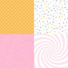 Seamless Background With Donut And Ice Cream Glaze, Confetti, Waffle. Decorative Bright Sprinkles Texture Pattern Design Set