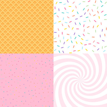 Wall Mural - Seamless background with donut and ice cream glaze, confetti, waffle. Decorative bright sprinkles texture pattern design set