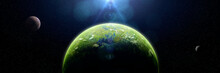Forest Exoplanet, Jungle Exoplanet In A Distant Star System (3d Space Illustration Banner)
