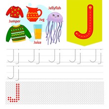 Handwriting Practice Sheet. Basic Writing. Educational Game For Children. Learning The Letters Of The English Alphabet. Letter J.