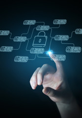 Fototapete - Businesswoman protecting her datas with thin line security interface