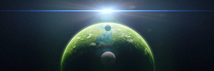 sunrise over alien world, exoplanet around a bright star, life on exotic planet (3d space render banner)