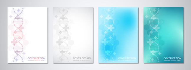 Vector template for cover or brochure, with molecules background and DNA strand. Medical or scientific and technological concept.