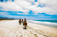 Cabo San Lucas, Mexico - 2019. Tourists Horseback Riding On The Beach In Cabo San Lucas, Baja California.