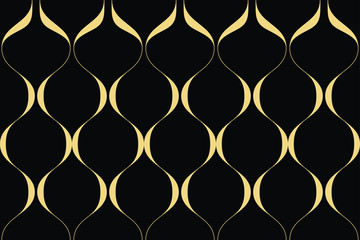 Seamless, abstract background pattern made with curvy gold colored lines forming retro geometric shapes. Luxurious, decorative vector art.