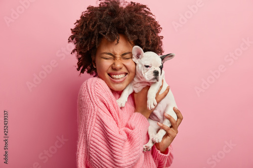 Glad woman embraces small four legged friend, rejoices saving it during extremal situation on water plays with french bulldog dressed in oversized pink jumper. Lady recieves dog as present on birthday