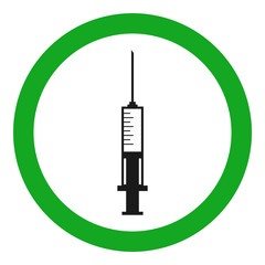 Poster - Medical syringe in green circle. Vector icon.