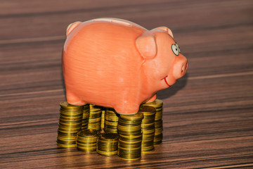 piggy bank standing on stacks of coins