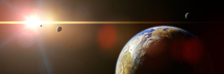 Wall Mural - sunrise over alien planet, exoplanet around a distant star (3d space rendering banner)
